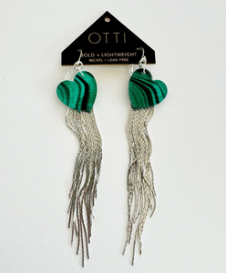 OTTI Silver Glamour Fringe Earring: Malachite Heart + Silver