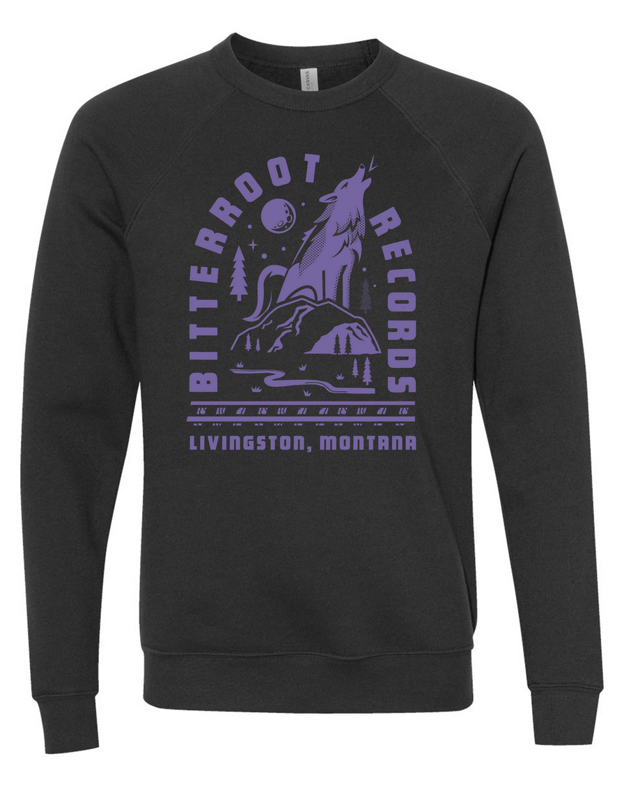 PRE-ORDER: Bitterroot Records Wolf Sweatshirt - BLACK w/Purple Ink