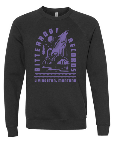 PRE-ORDER: Bitterroot Records Wolf Sweatshirt - BLACK w/Purple Ink